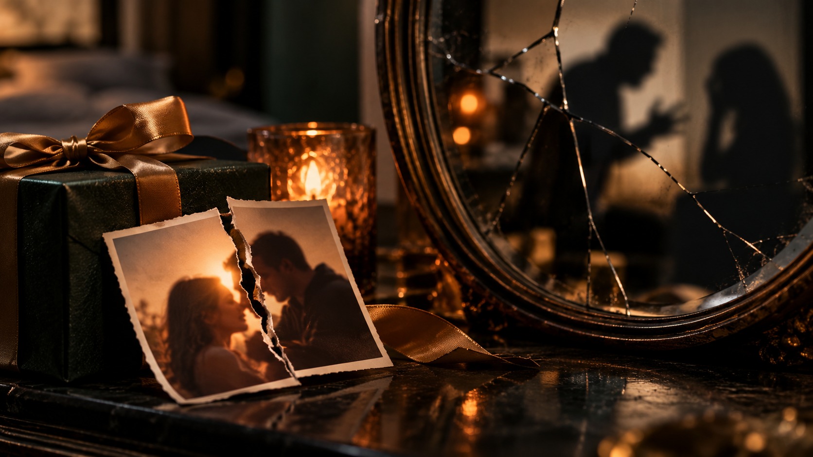 A ribboned gift and a torn photograph of a couple beside a cracked mirror reflecting a tense conversation