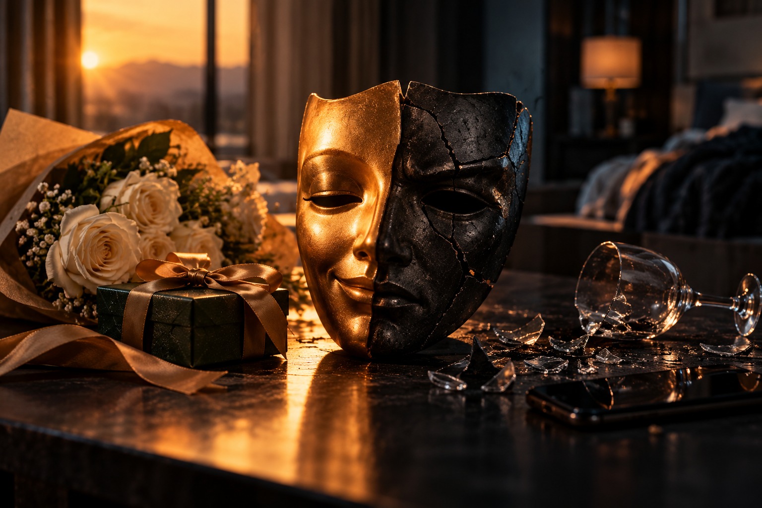 A mask with a gentle face and a dark fractured face, beside roses, a ribboned gift, and broken glass
