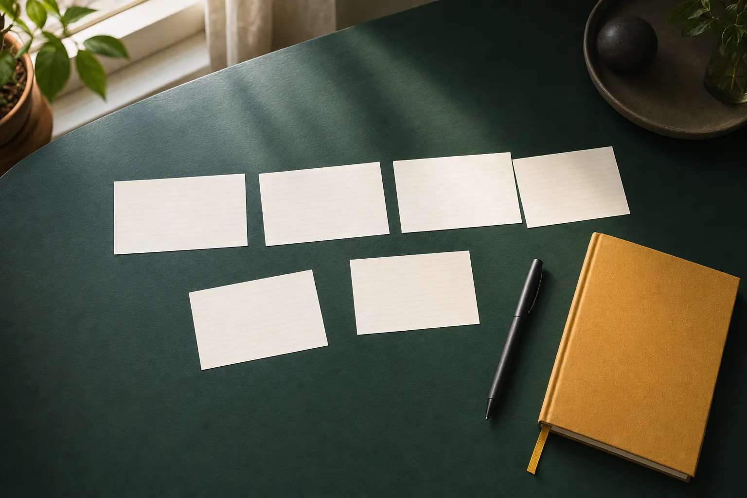 Blank index cards, a notebook, and a pen arranged on a green writing table