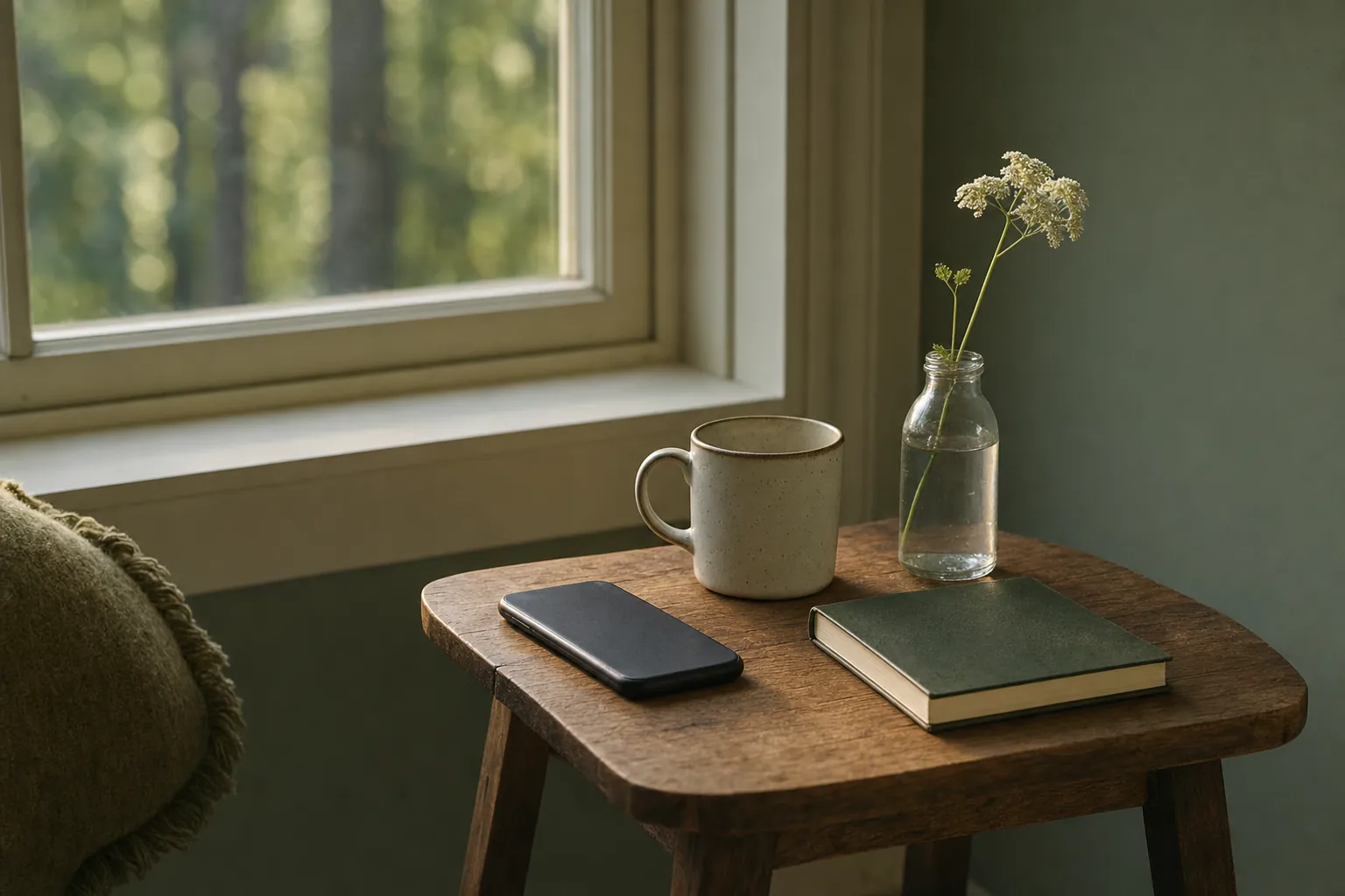 A phone face-down beside a mug and notebook on a small table by a window