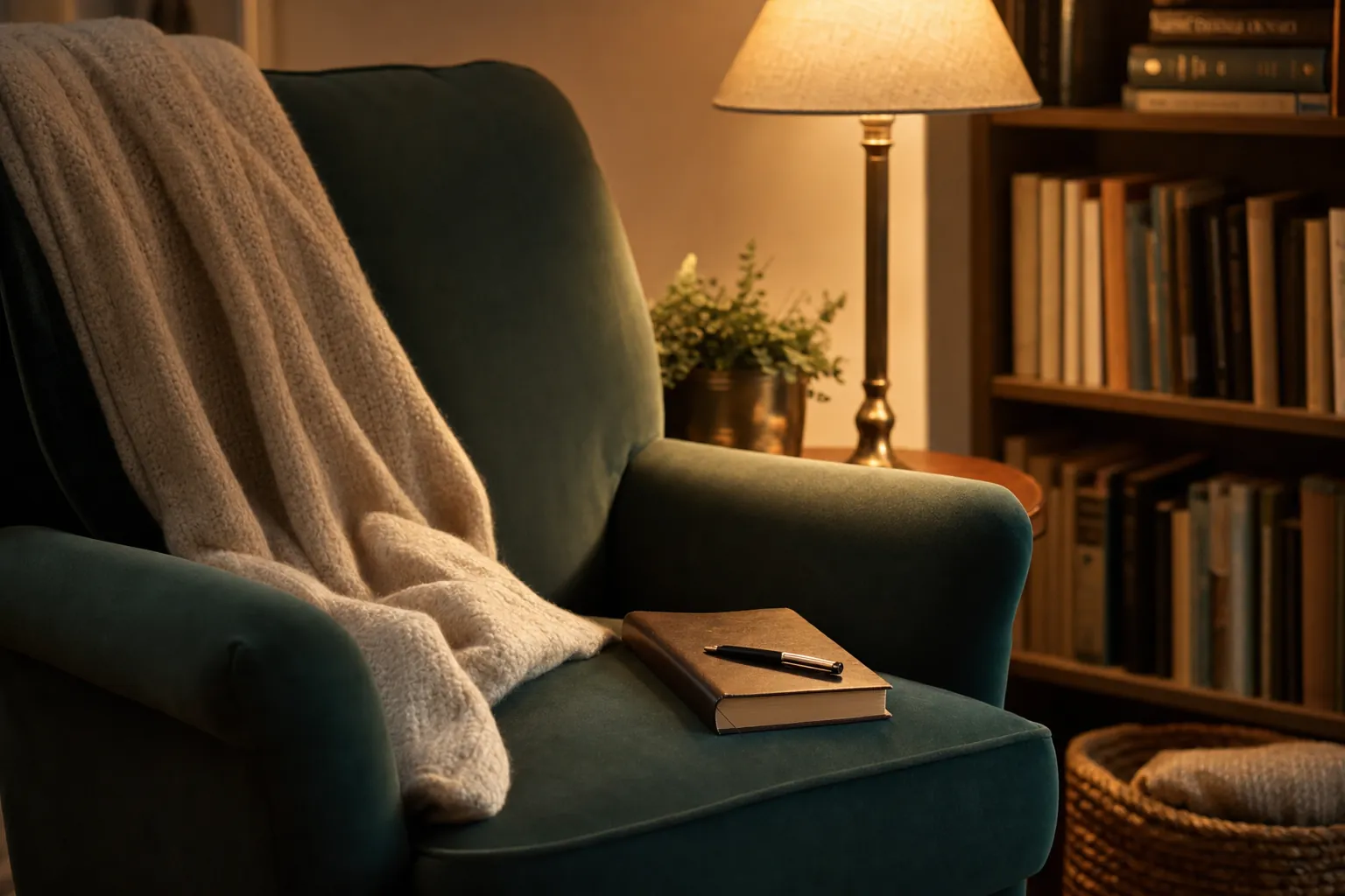 A notebook and pen resting on a deep green reading chair beside a bookcase