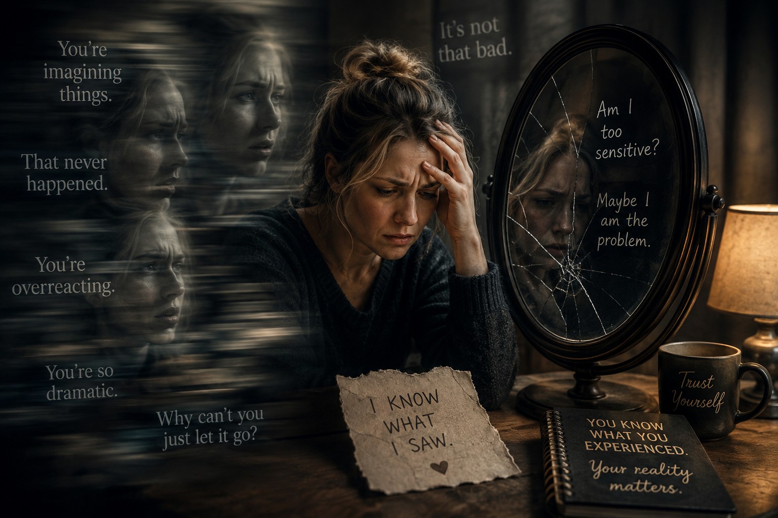 A woman sitting alone in a dim room, holding a phone while looking toward a mirror
