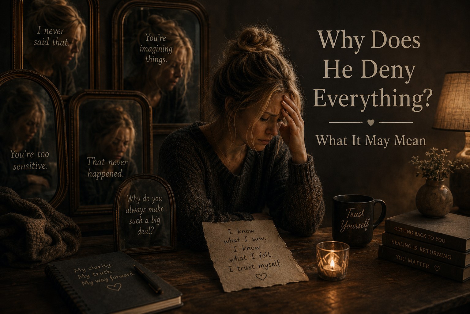 A woman sits at a table while mirrors repeat minimizing phrases behind her