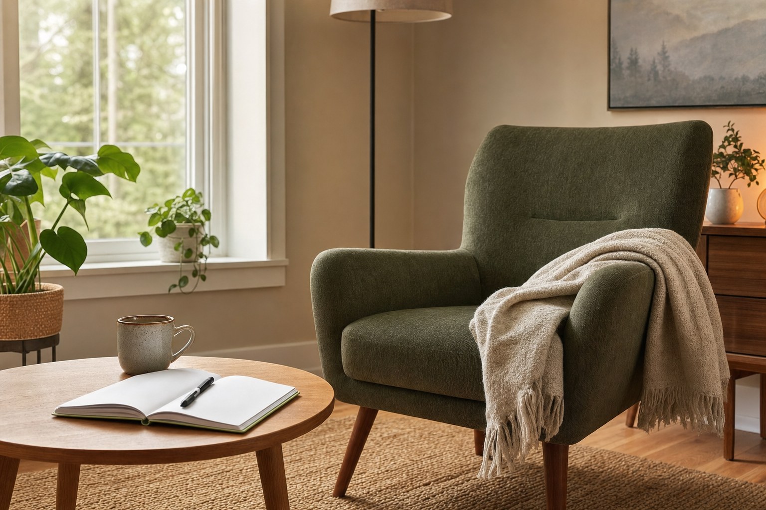 A green reading chair beside an open journal and mug in a sunlit room