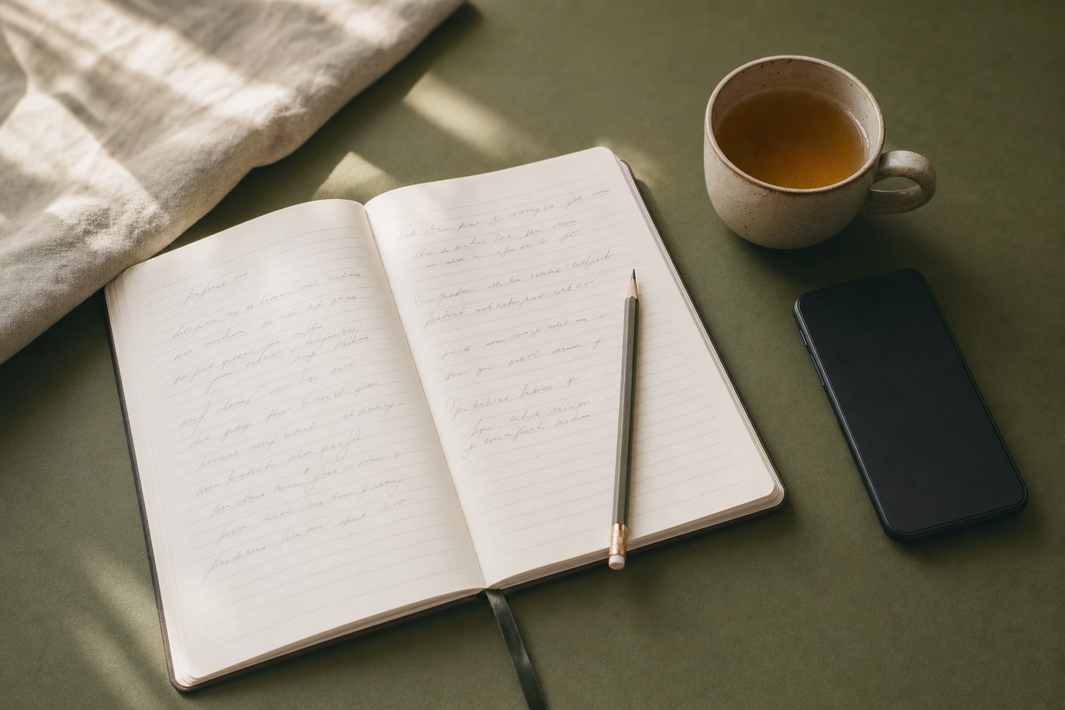 An open notebook, pencil, tea, and face-down phone on a green table