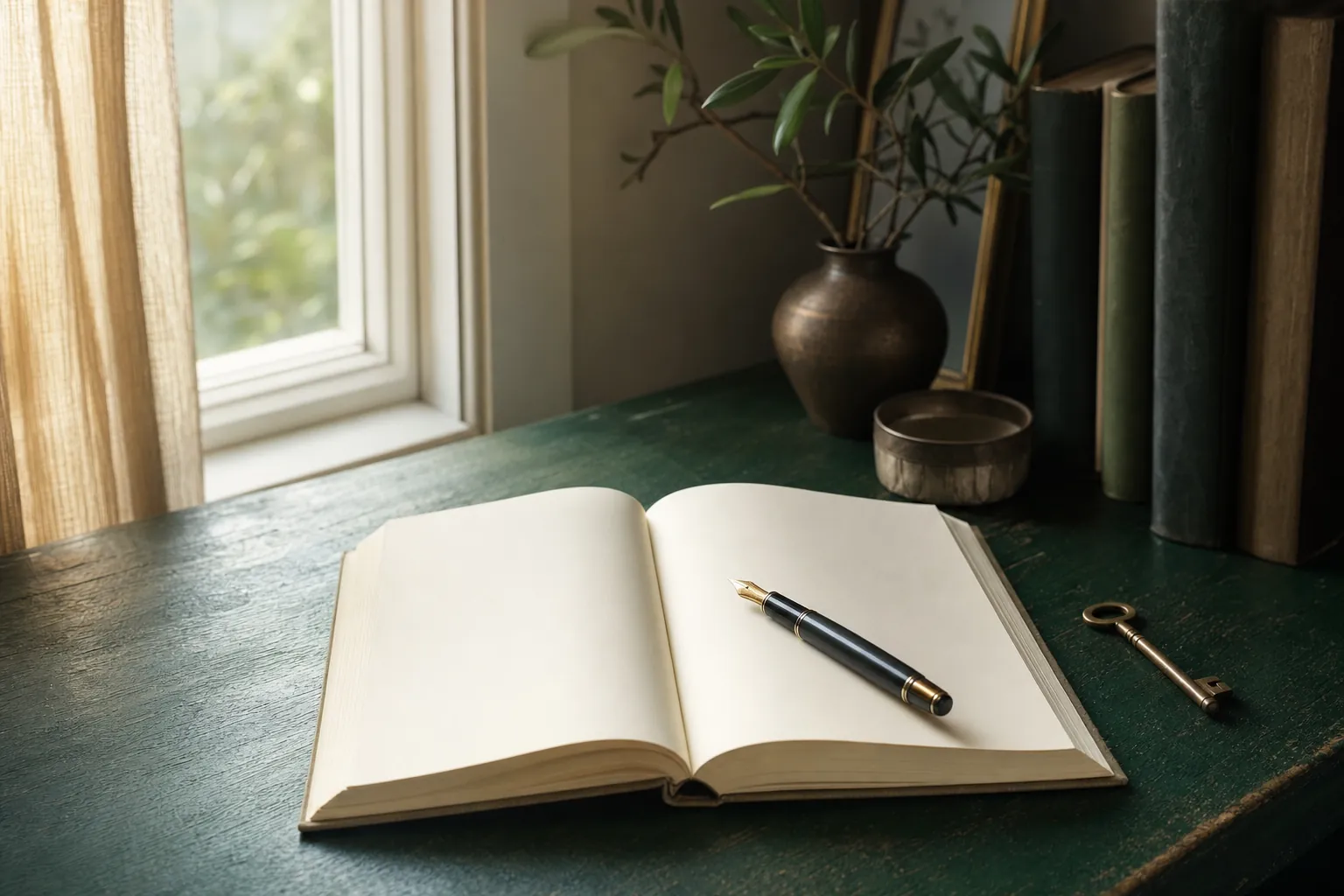 An open journal and fountain pen on a green table near a window