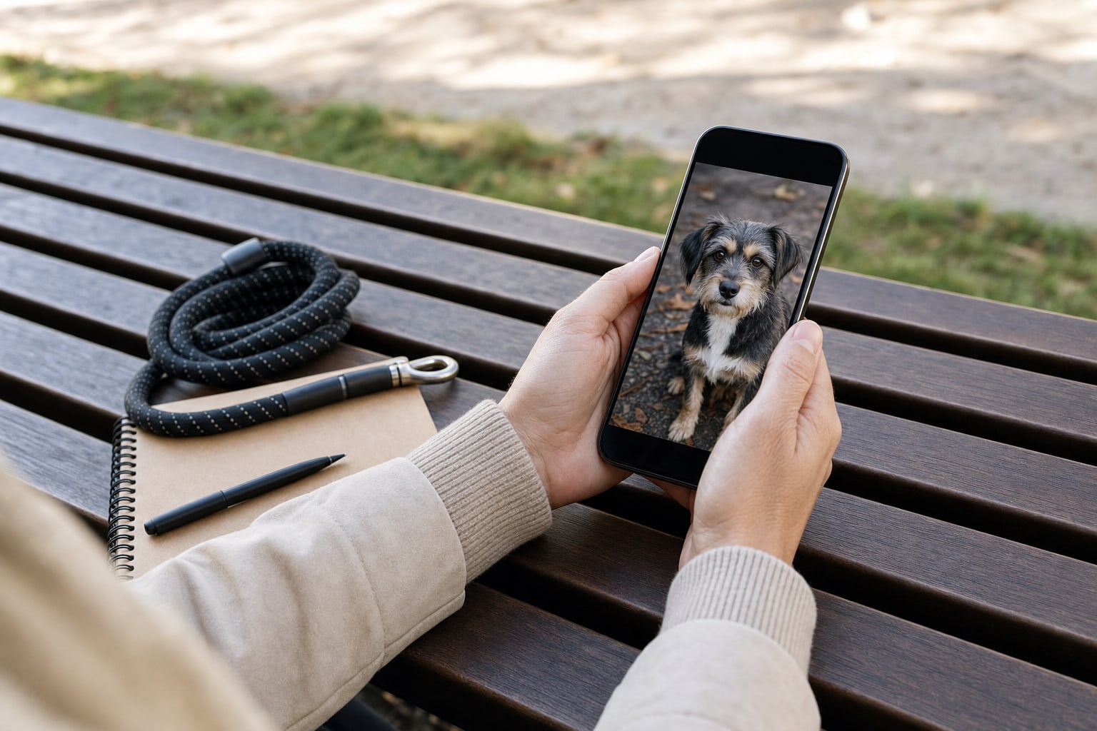Hands holding a phone with a dog photo beside a leash and notebook on a bench