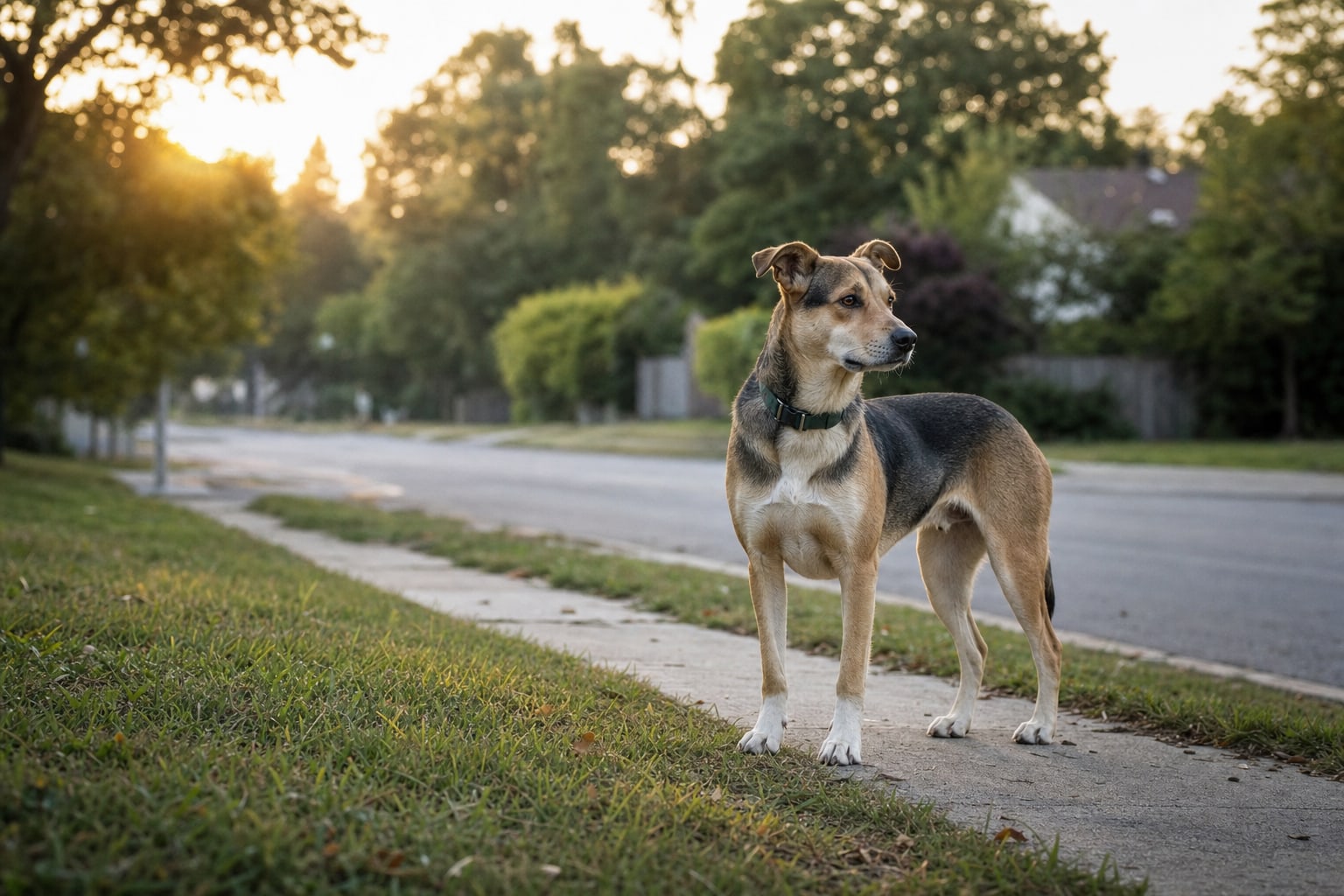 Mixed-breed dog standing on a quiet residential sidewalk at sunrise