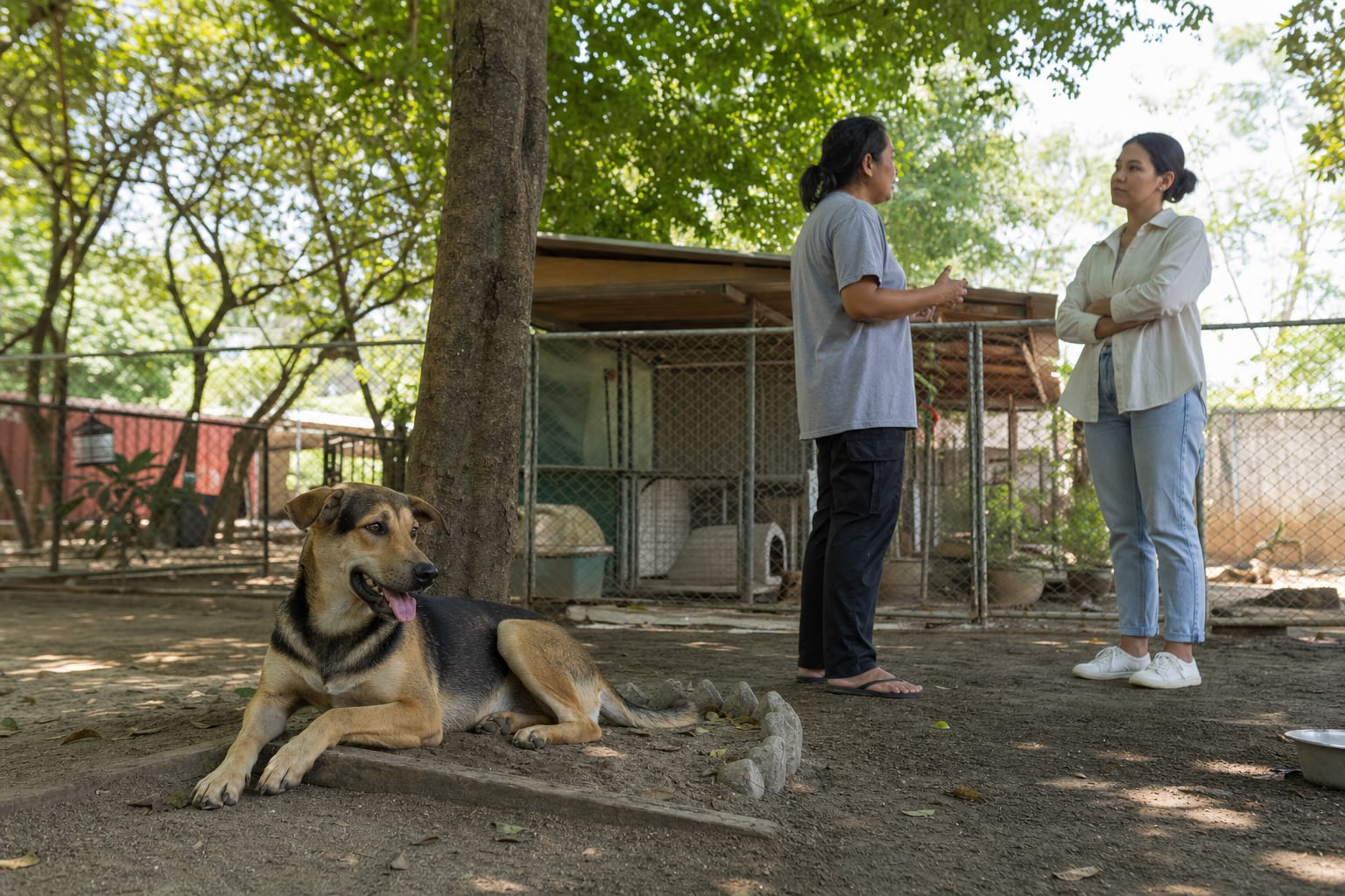 Calm dog resting safely while two people discuss next steps in a shaded animal-care yard