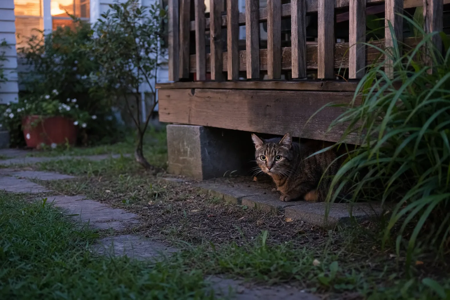 Tabby cat hiding beneath a residential porch at dusk