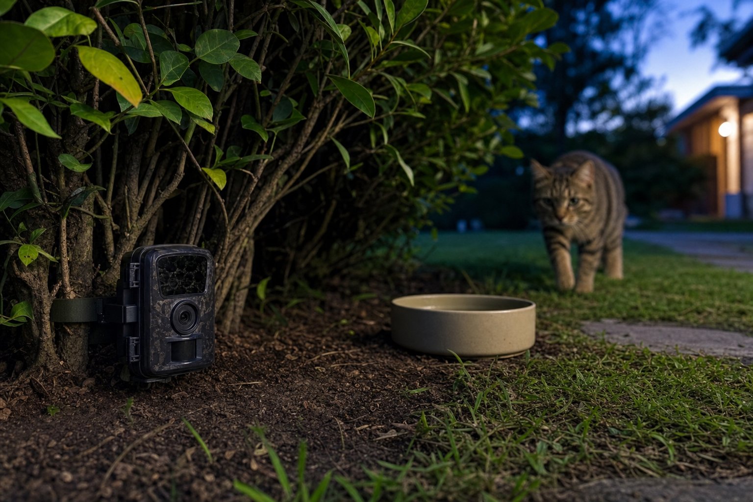 Wildlife camera and a small bowl beside a hedge while a tabby cat approaches in a residential yard at dusk