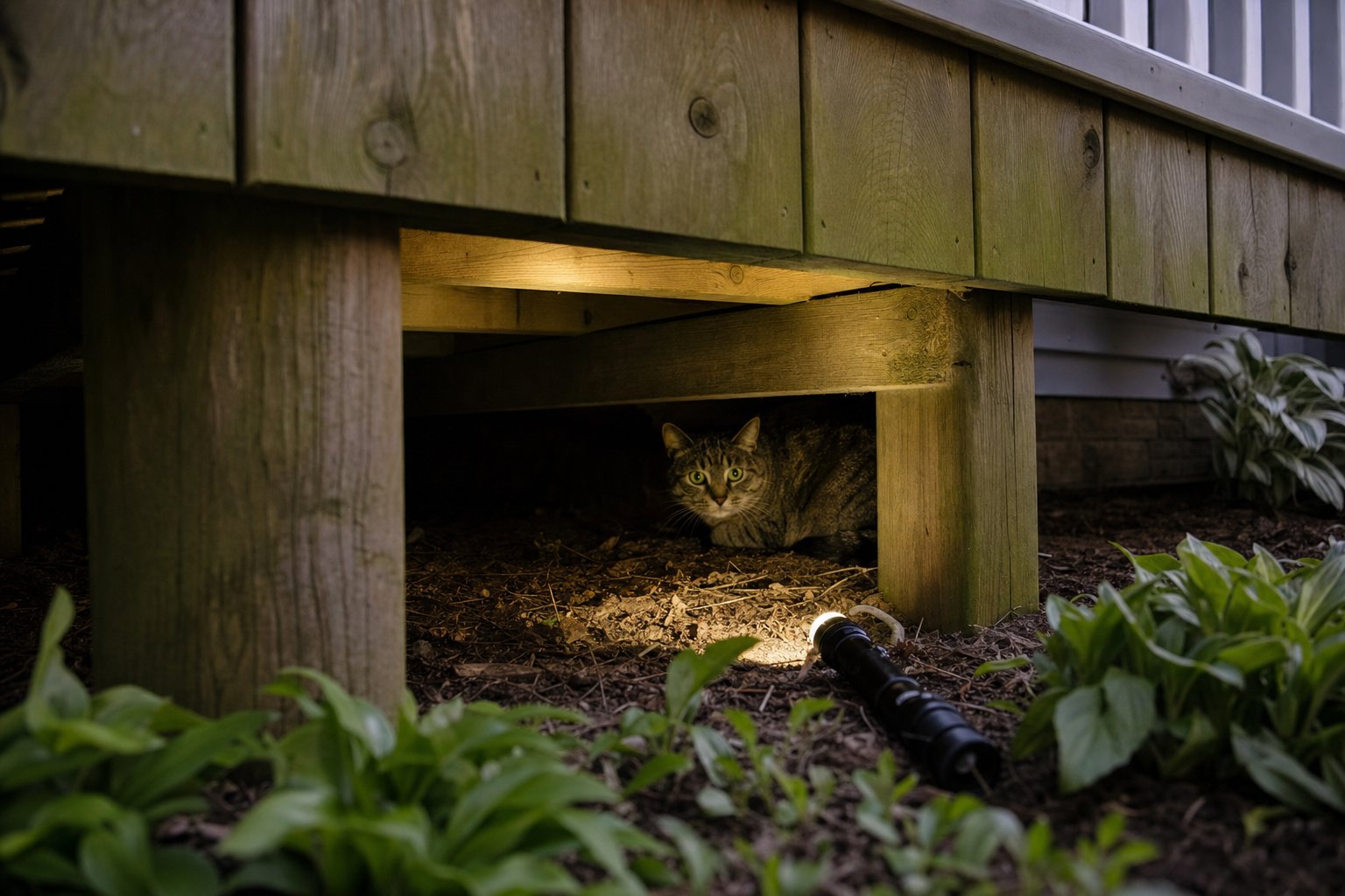 Tabby cat hiding beneath a wooden deck while a flashlight illuminates the surrounding ground