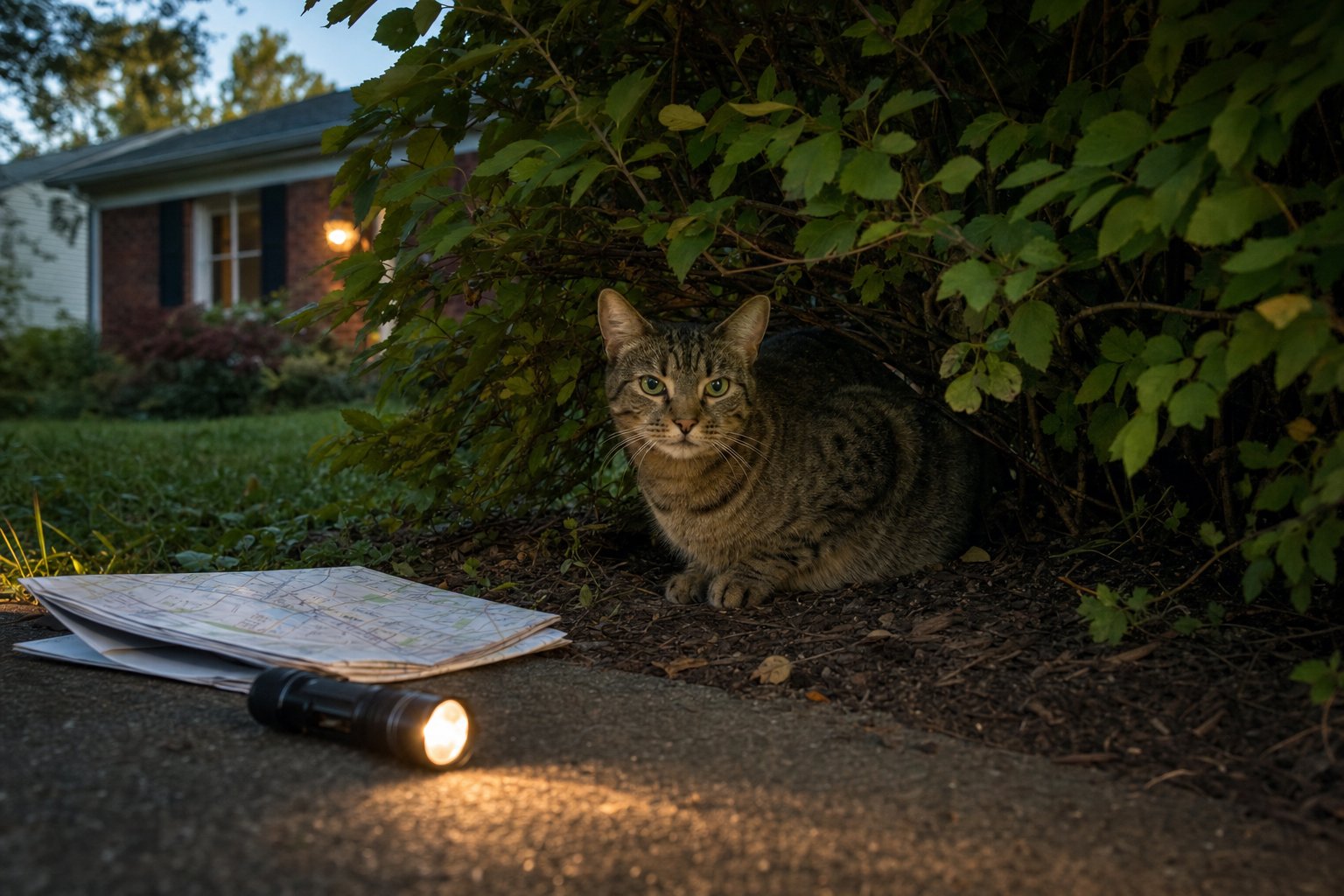 Tabby cat resting beneath shrubs near a neighborhood map and flashlight at dusk