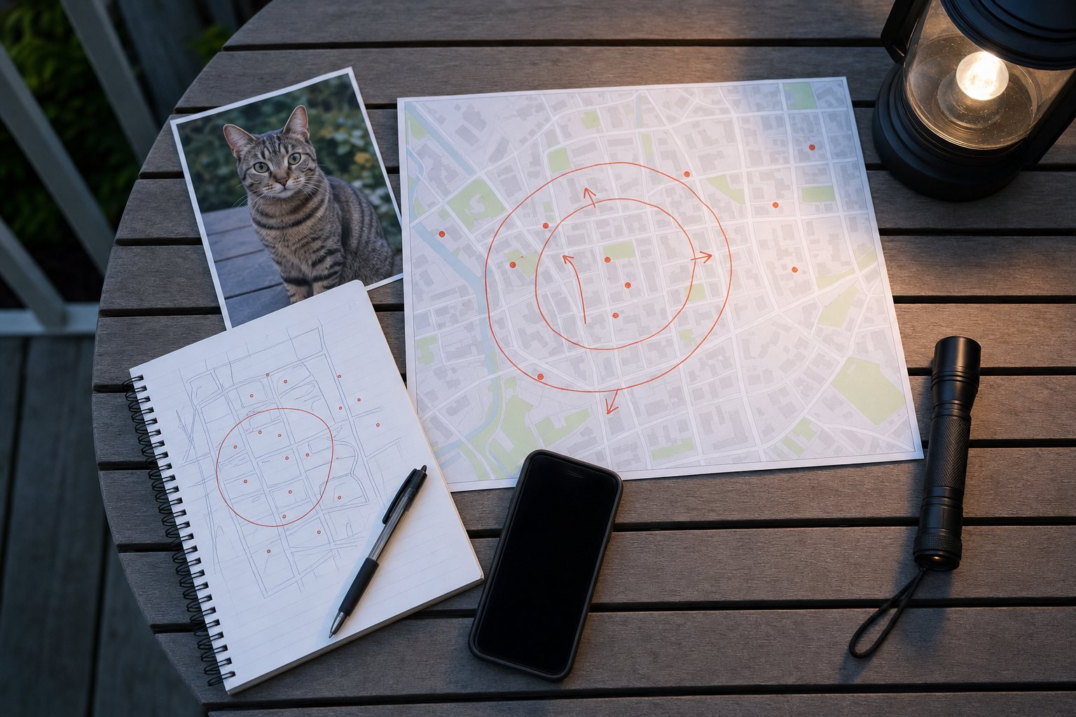 Neighborhood map, cat photo, flashlight, phone, and handwritten search notes arranged on a table