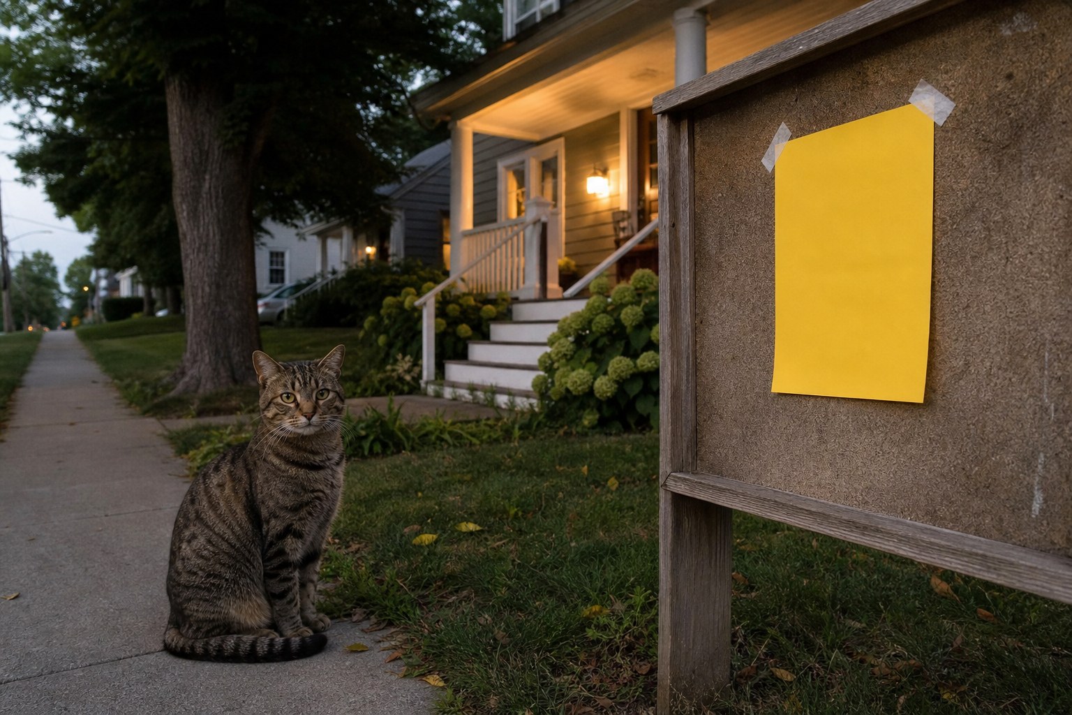 Tabby cat beside a blank yellow flyer on a neighborhood bulletin board at dusk