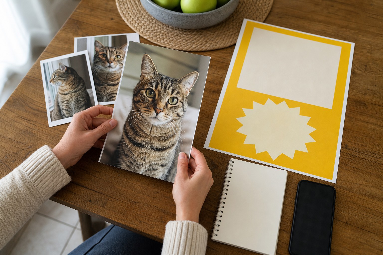Pet guardian choosing a clear photo of a tabby cat beside a blank yellow flyer layout
