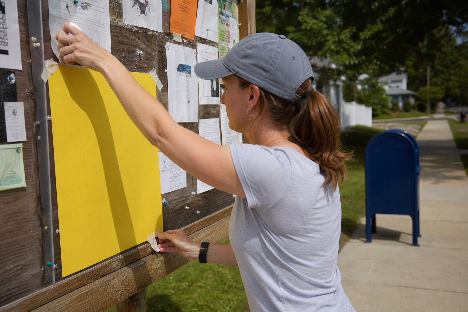 Pet guardian posting a blank yellow flyer on a neighborhood community bulletin board