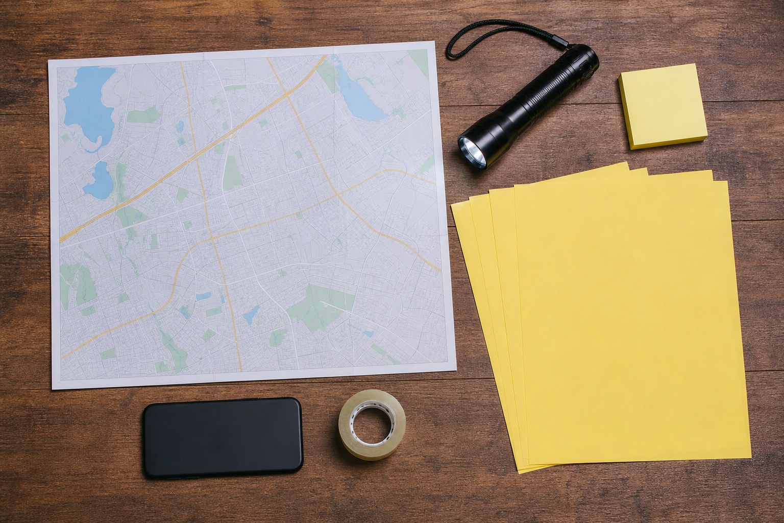 Neighborhood map, flashlight, tape, phone, and yellow flyers arranged on a wooden table