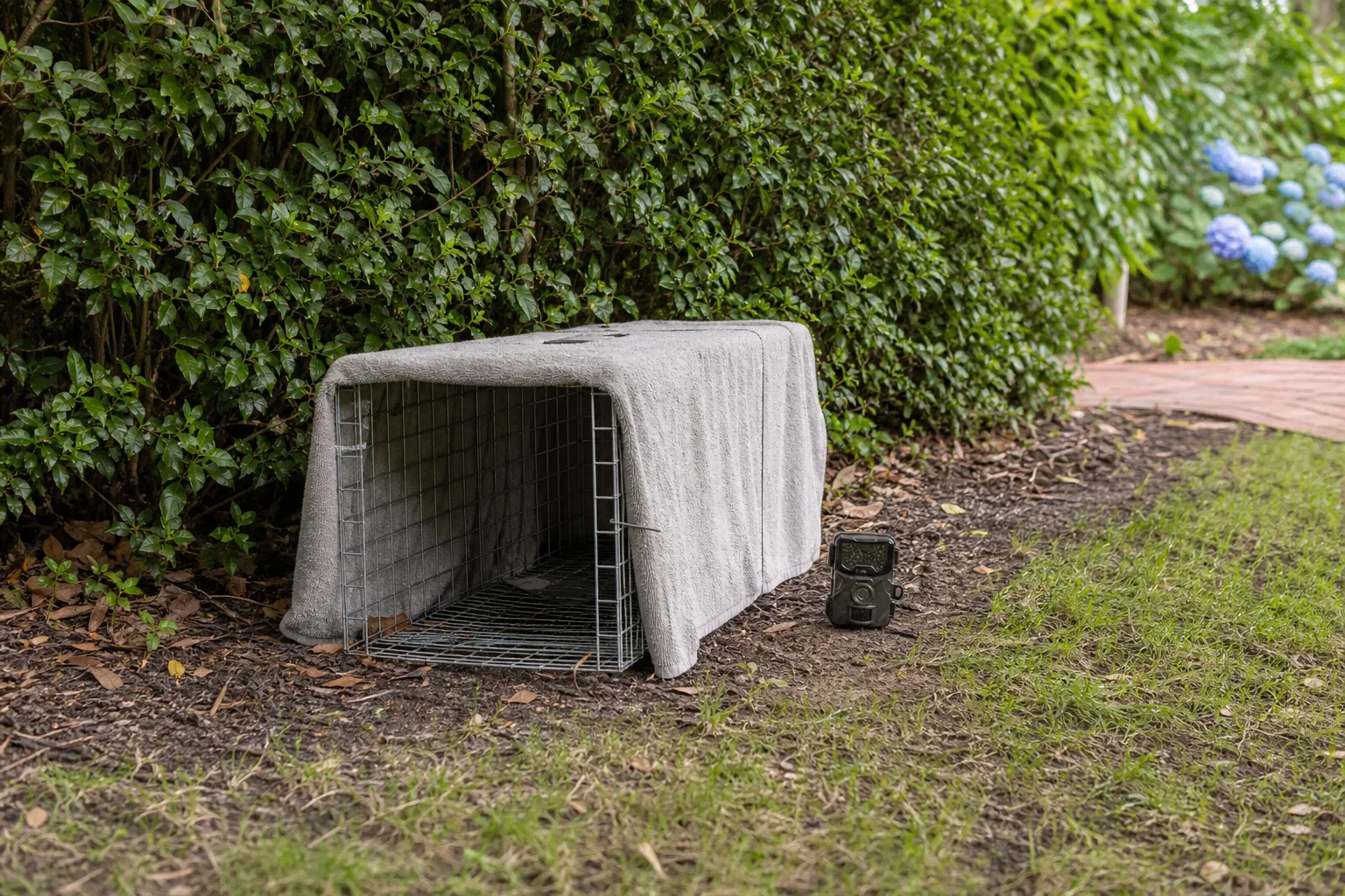 A covered humane trap placed beside a hedge with a trail camera nearby