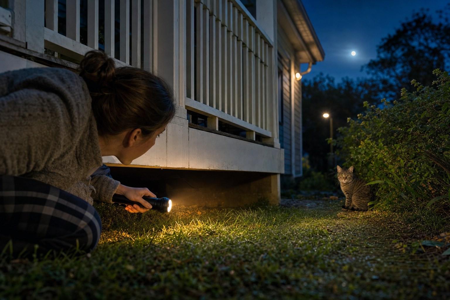 Pet guardian using a flashlight to look beneath a porch while a tabby cat waits near shrubs at night
