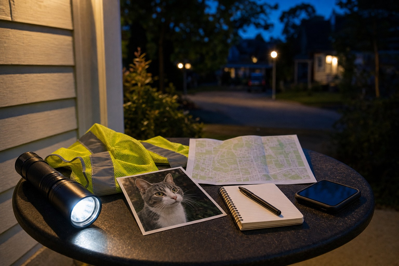 Flashlight, cat photo, reflective vest, map, notebook, and phone arranged on an outdoor table at night