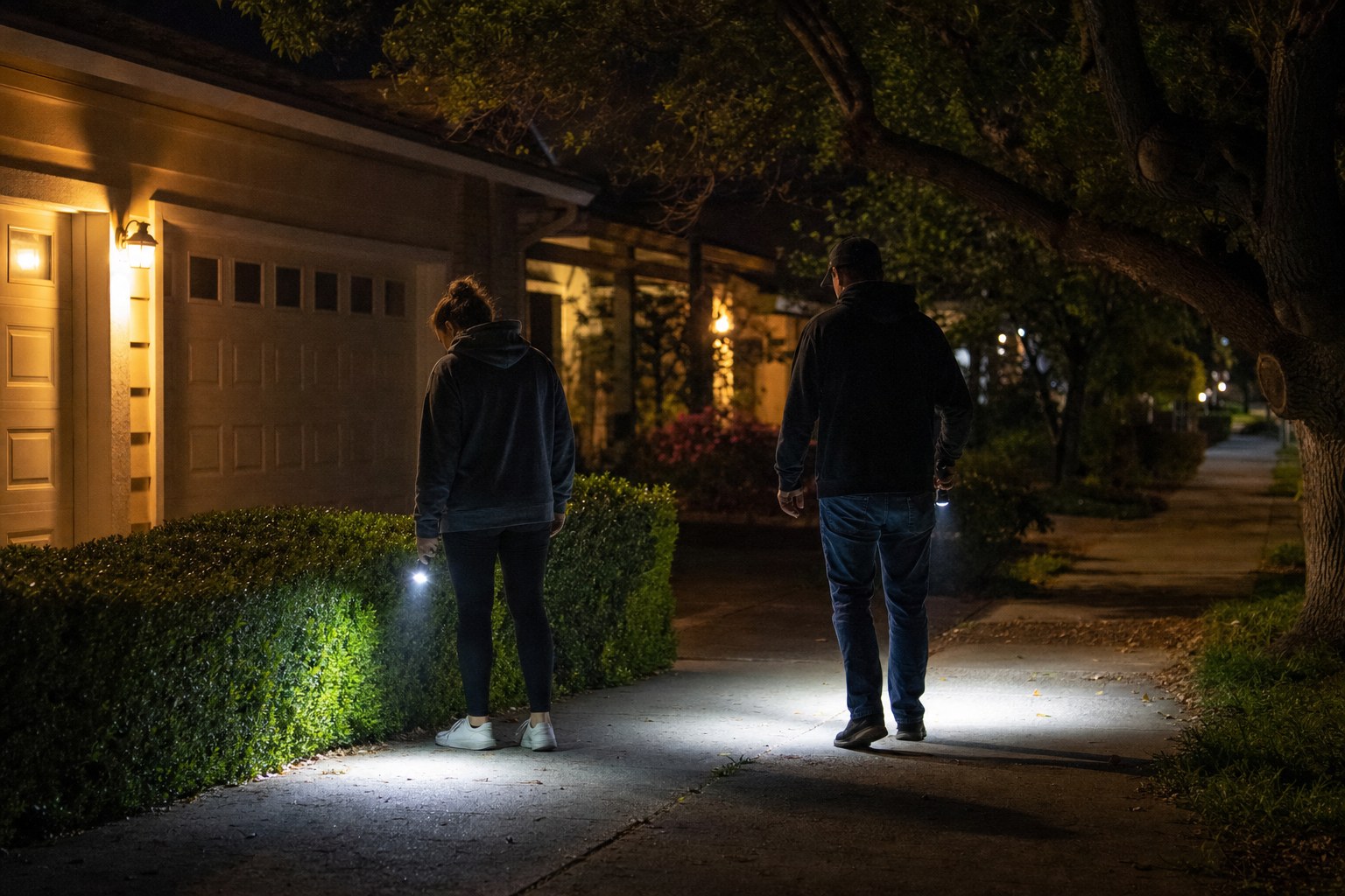Two people using flashlights to search slowly beside a hedge on a quiet residential street at night