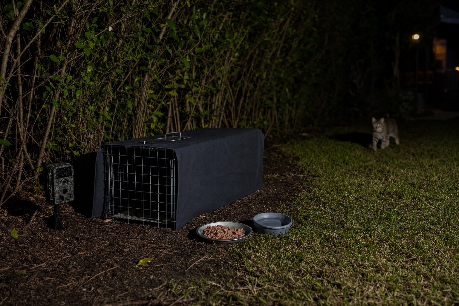 Covered humane cat trap, trail camera, food, and water near a hedge at night with a tabby cat approaching in the distance