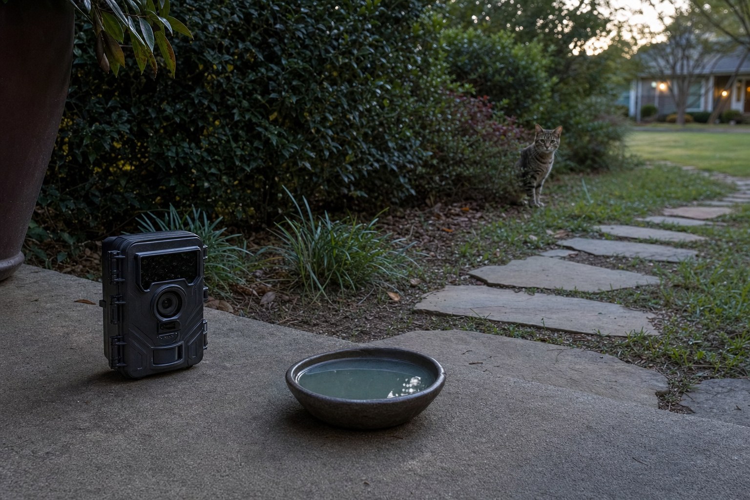 Wildlife camera and water bowl on a porch with a tabby cat cautiously standing near a hedge