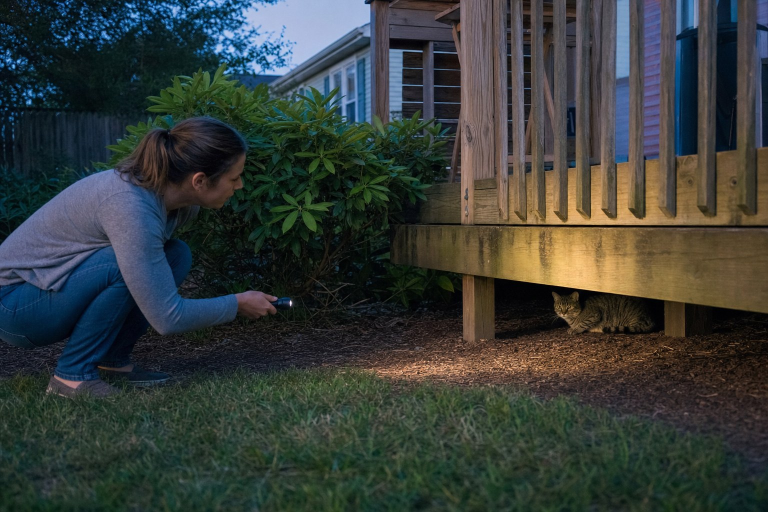 Pet guardian quietly looking beneath a backyard deck where a tabby cat is hiding