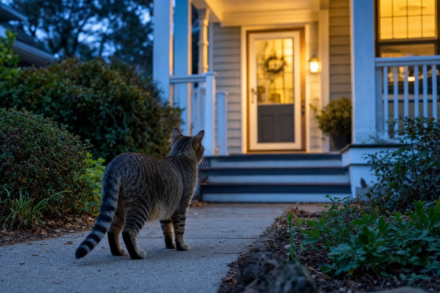 Tabby cat standing on a quiet path and looking toward a warmly lit front porch at dusk