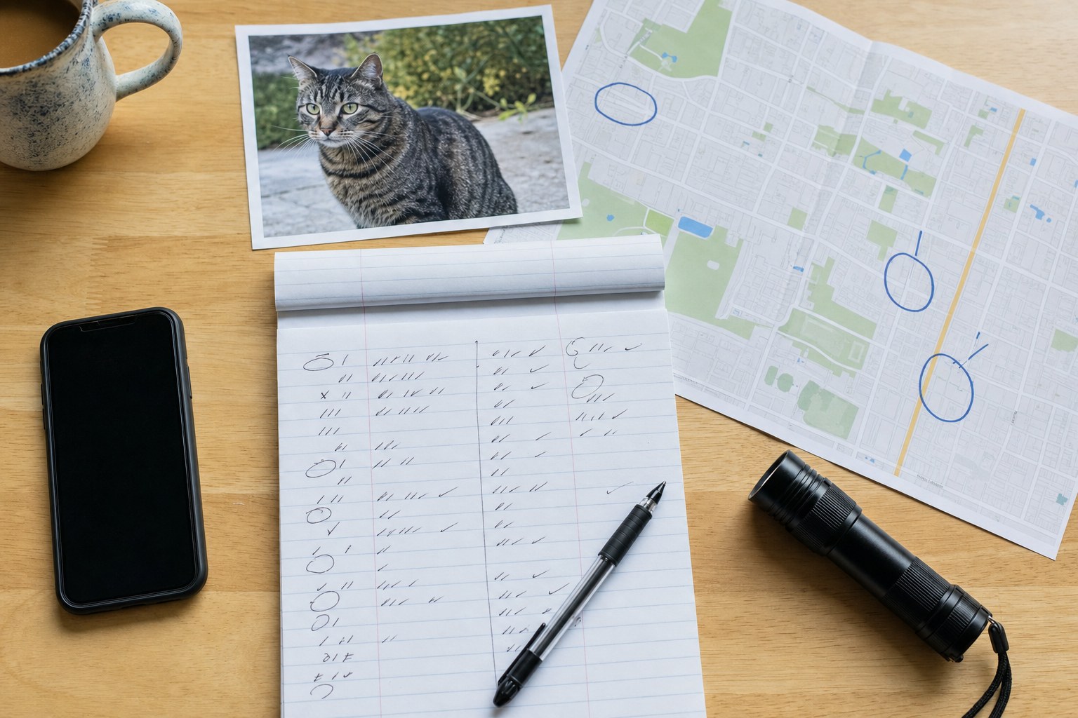 A tabby cat photo, neighborhood map, flashlight, phone, and handwritten sighting notes on a table