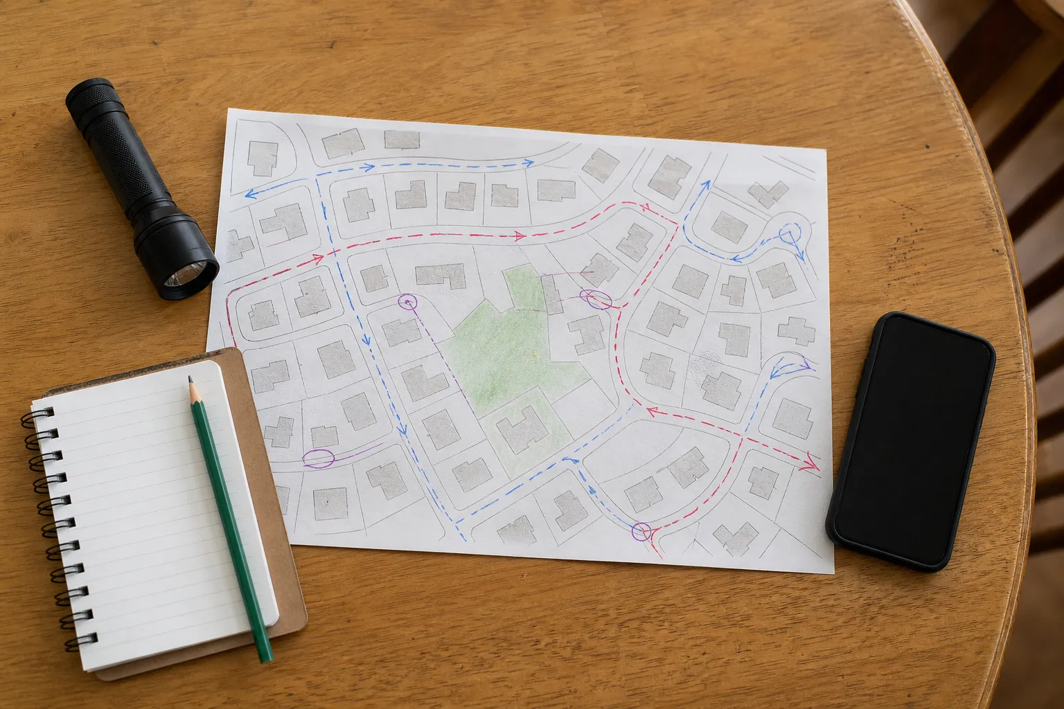 A simple paper map and search notes arranged with a flashlight on a table