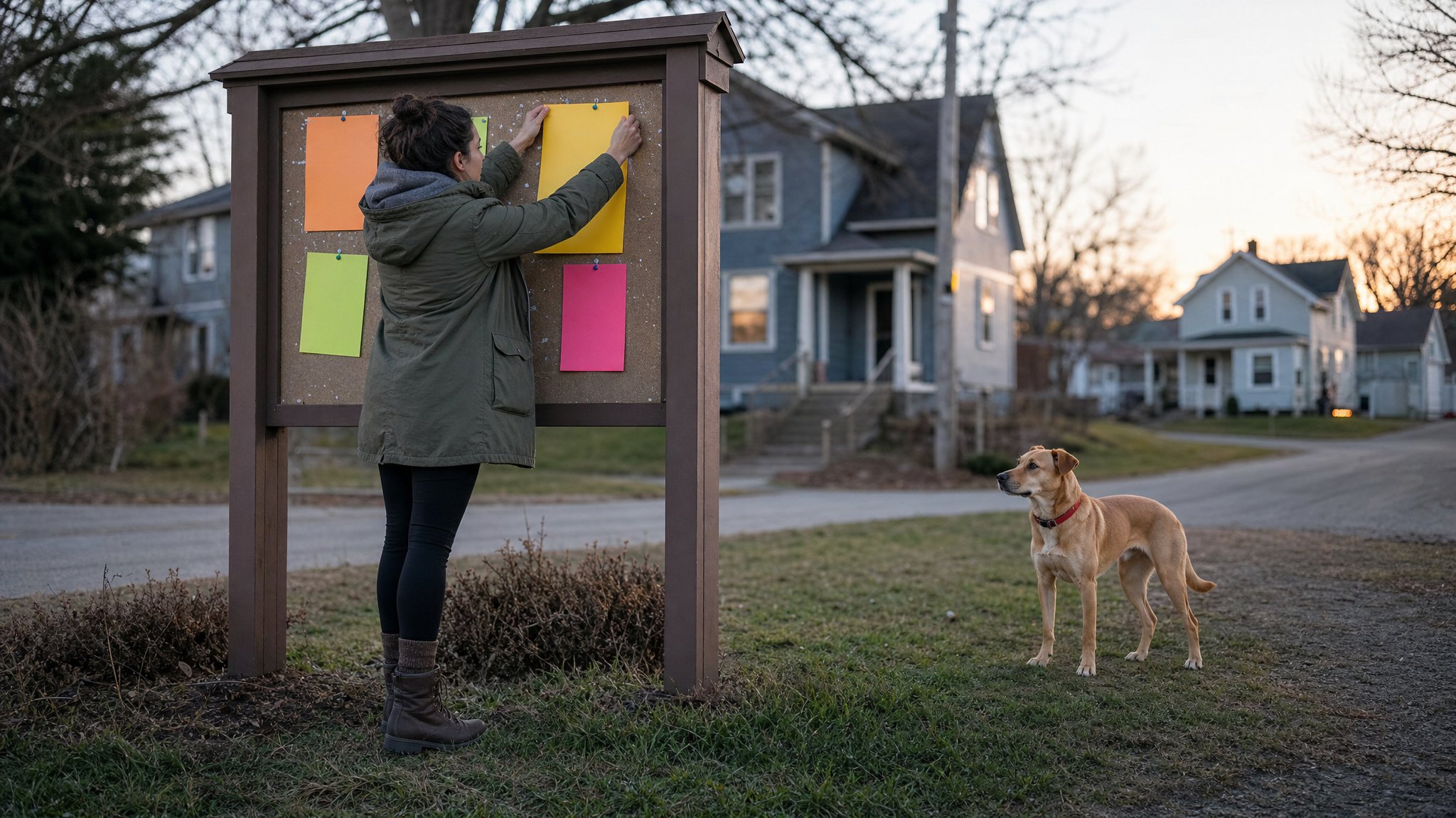 Pet guardian posting a blank yellow notice while a tan dog stands nearby on a quiet residential street