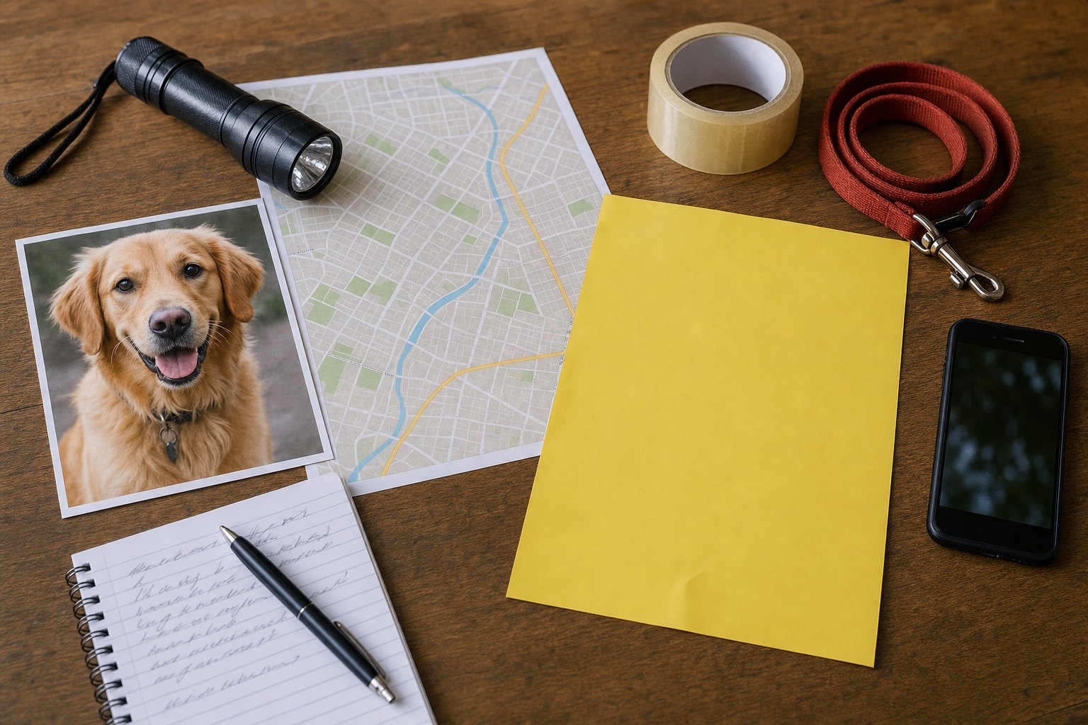 Dog photo, flashlight, leash, map, tape, phone, and yellow flyer arranged as an organized search station