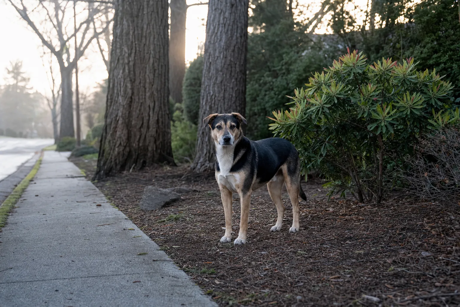 Mixed-breed dog standing beside a quiet tree-lined sidewalk