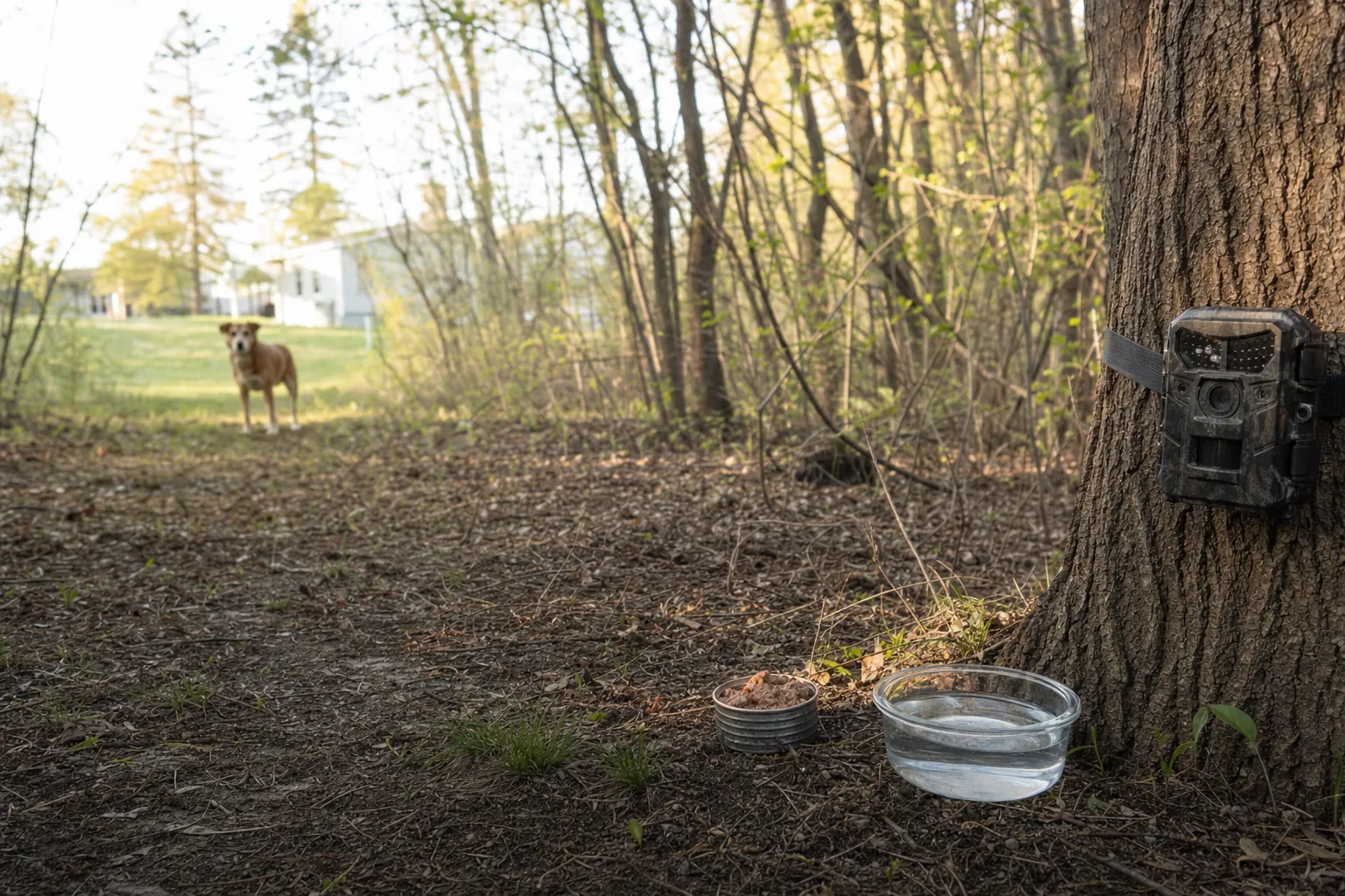 Trail camera, water bowl, and food station near a wooded neighborhood edge with a dog in the background