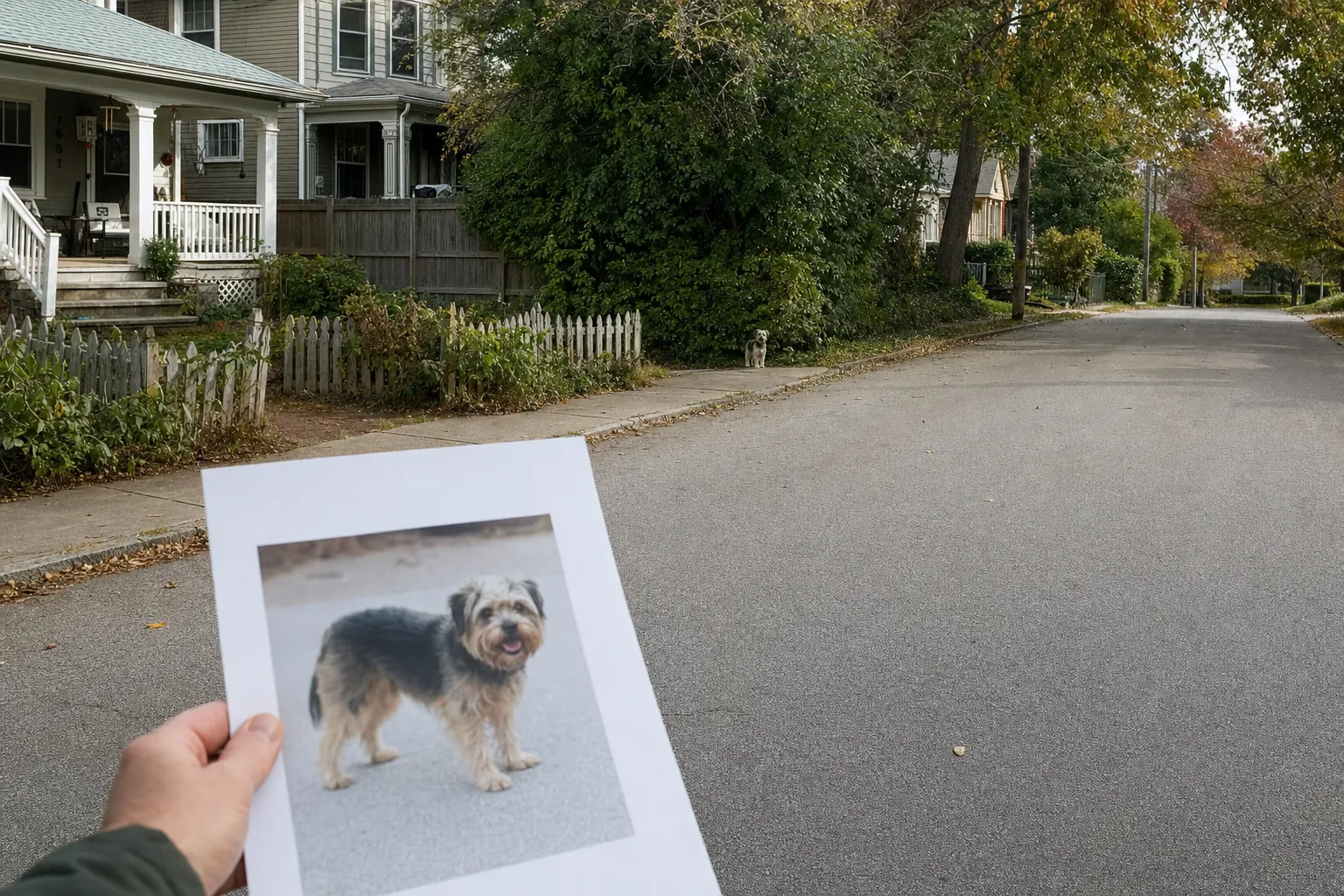 Dog photo held along a quiet residential street where a small dog is visible in the distance