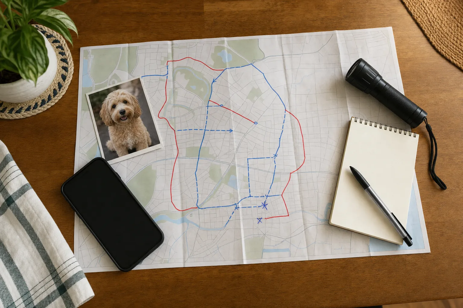Neighborhood map with hand-drawn search routes, a dog photo, flashlight, phone, and notebook