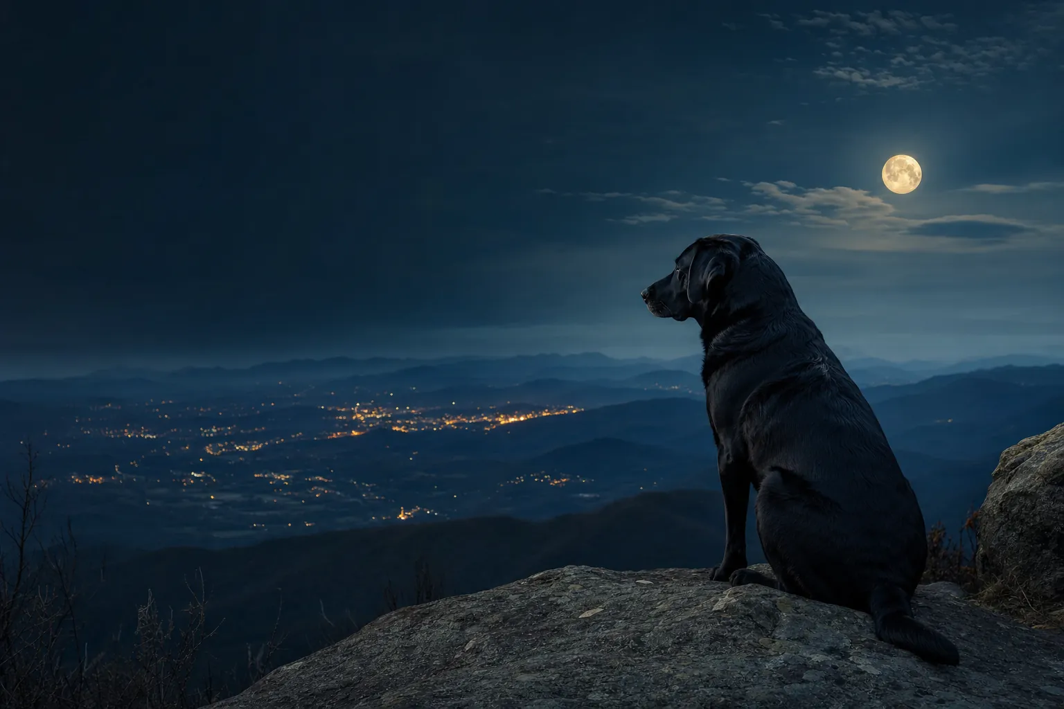 A dog overlooking a moonlit mountain valley