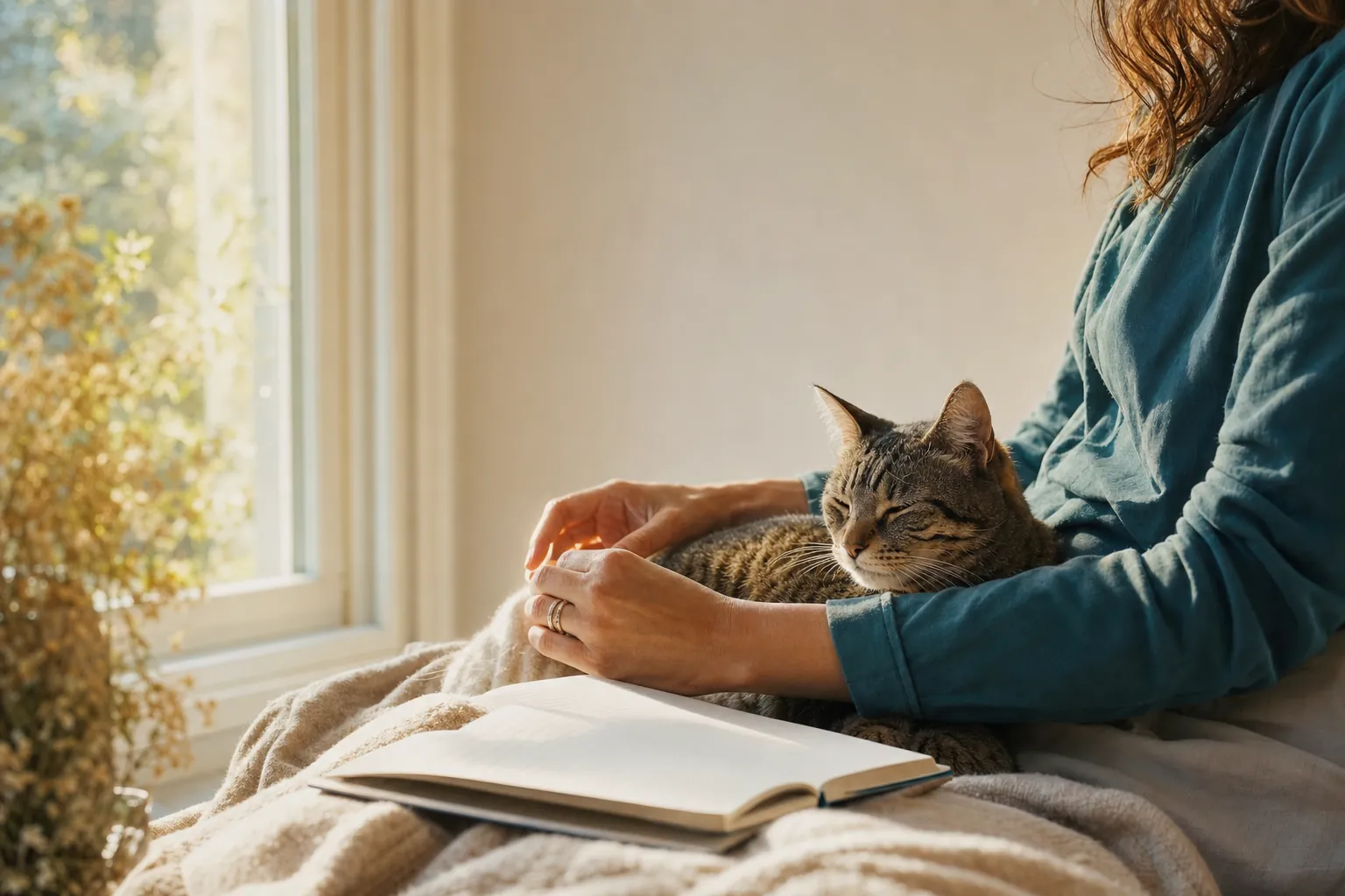 A cat resting beside a person near a sunny window