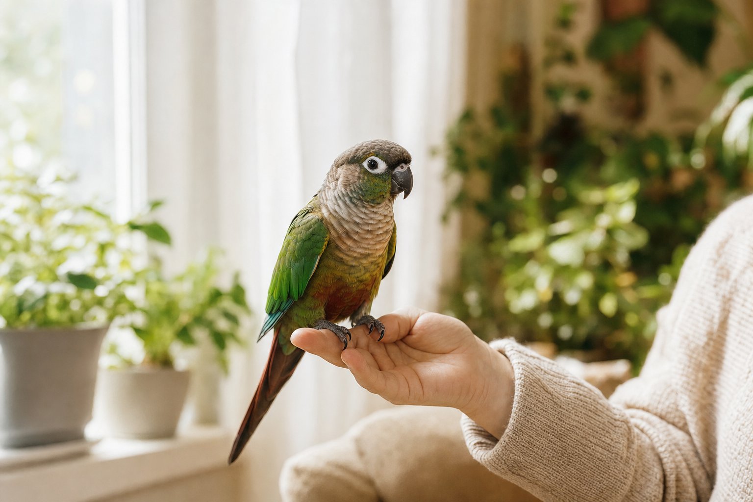A green parrot resting on a guardian's hand near a bright window
