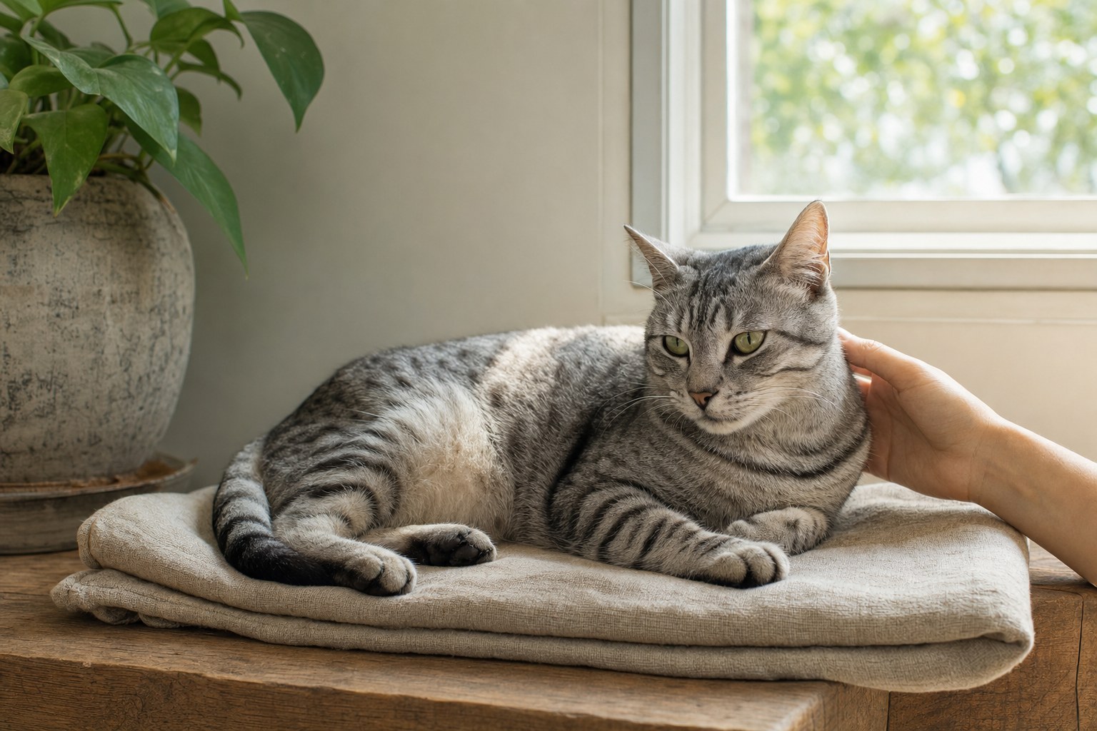 A gray tabby cat resting beside a sunlit window