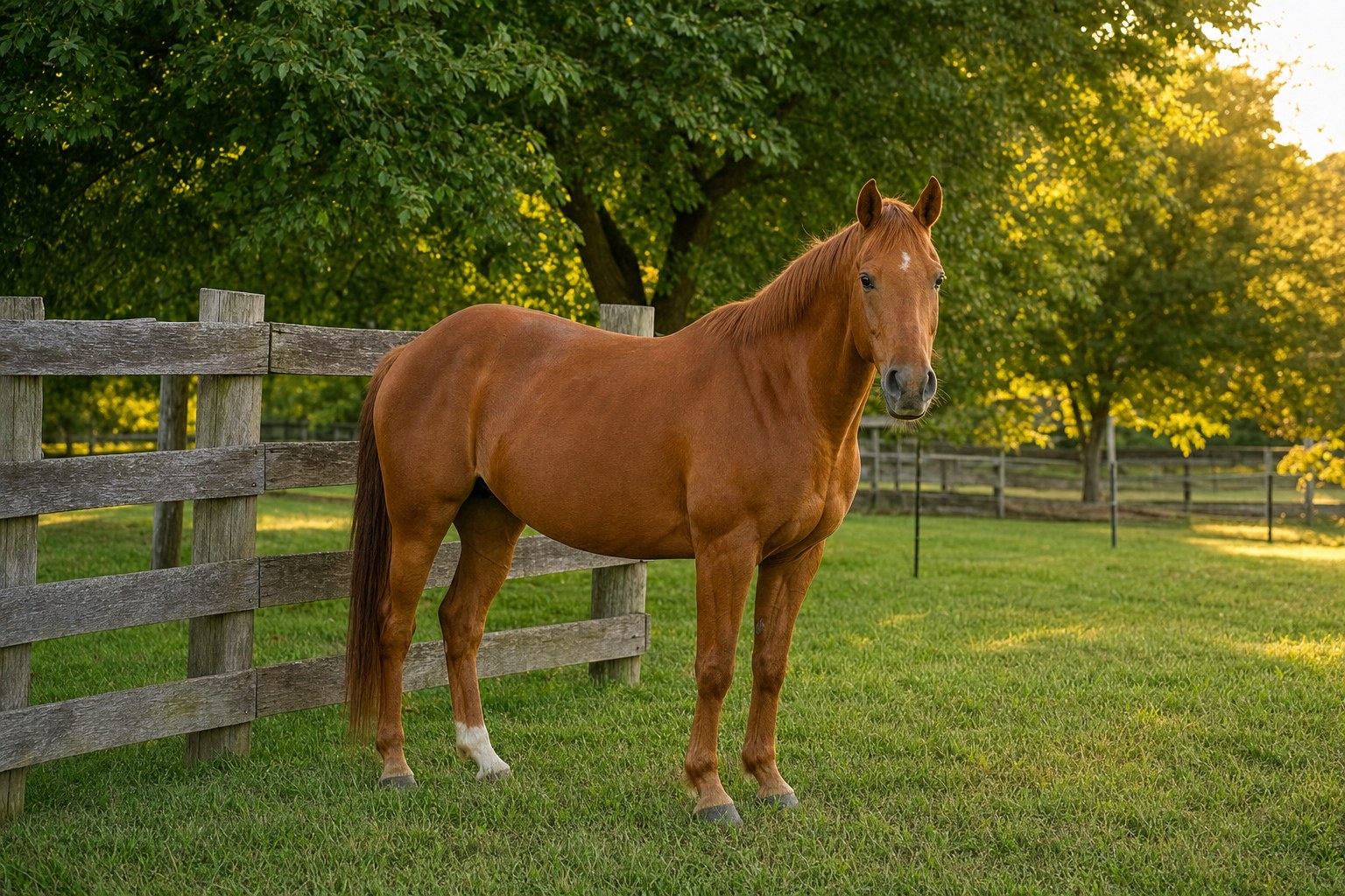 A chestnut horse standing beside a fence in a green pasture