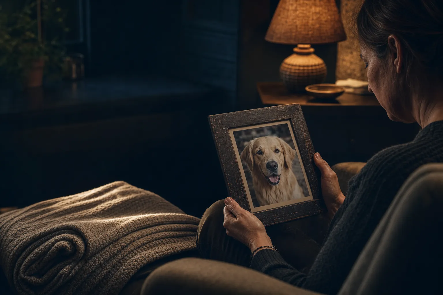 A person holding a framed dog photo beside a warm lamp