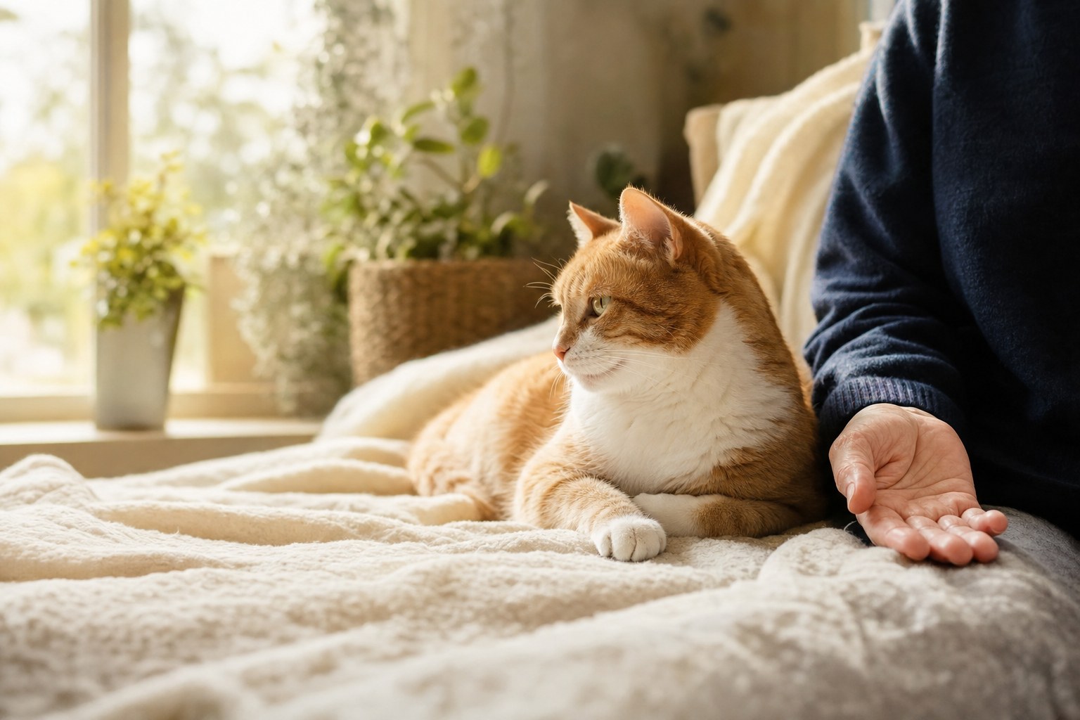 A relaxed orange and white cat resting beside a person in a sunlit room