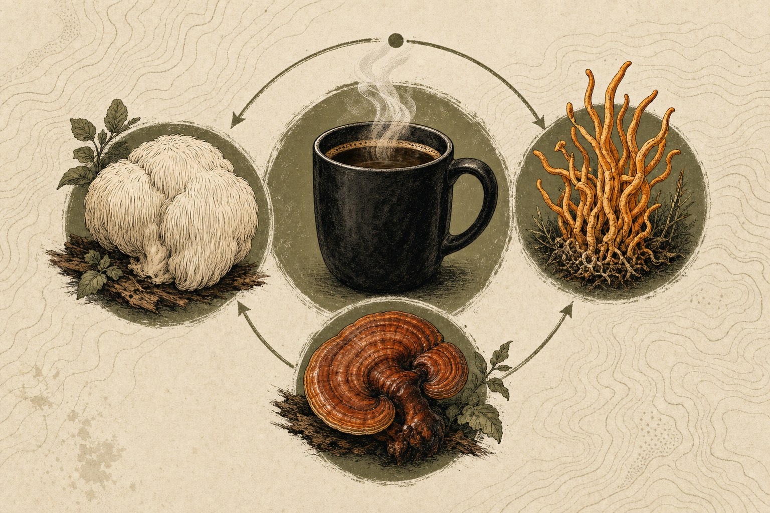 Illustration of a coffee cup with Lion’s Mane, Cordyceps, and Reishi mushrooms
