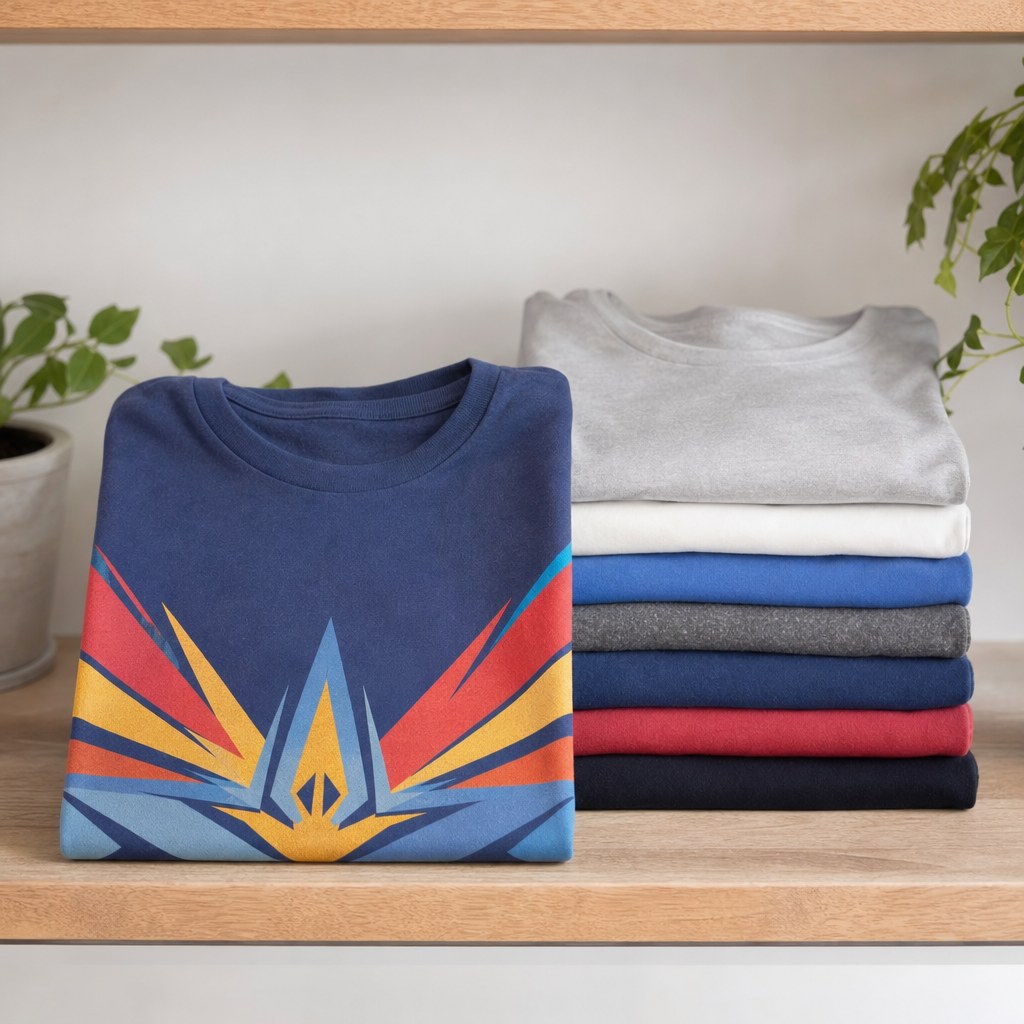 Folded graphic T-shirts on a shelf