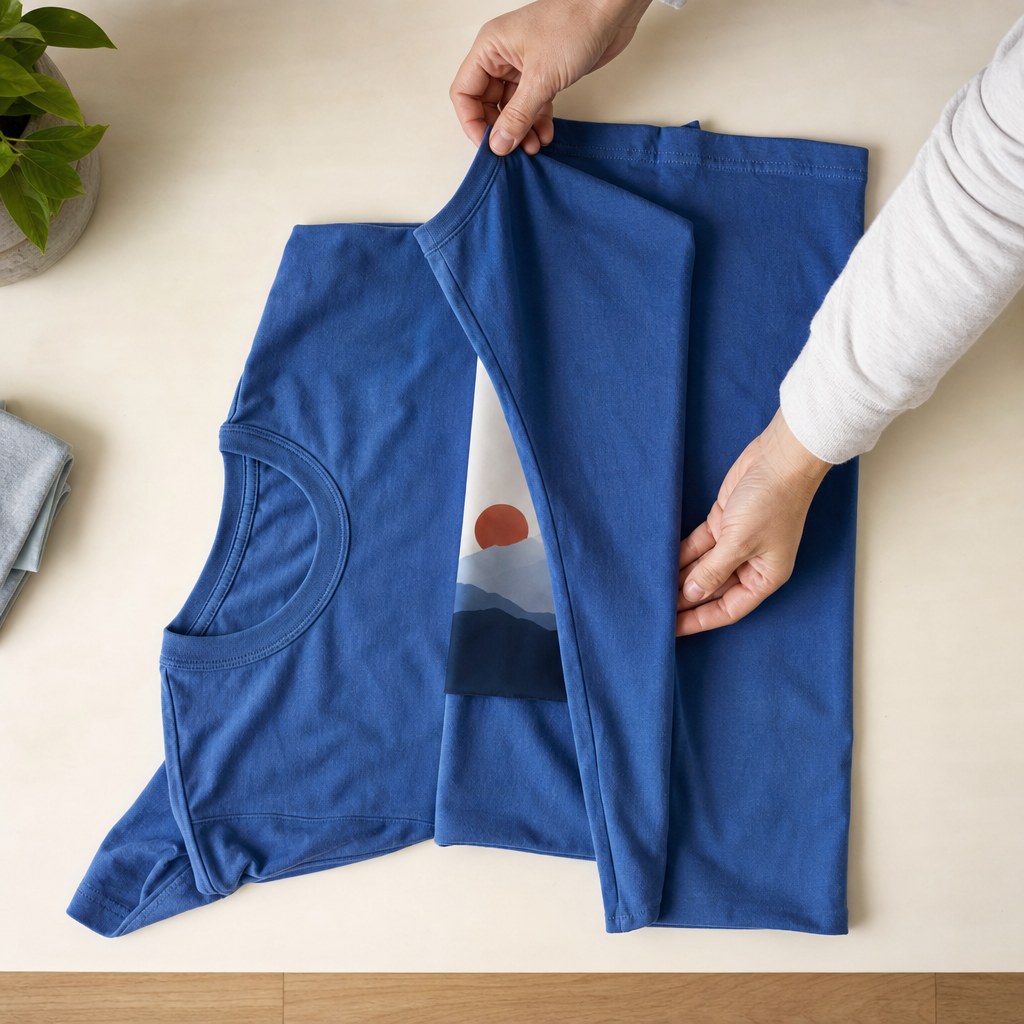 Hands folding a blue T-shirt flat on a table