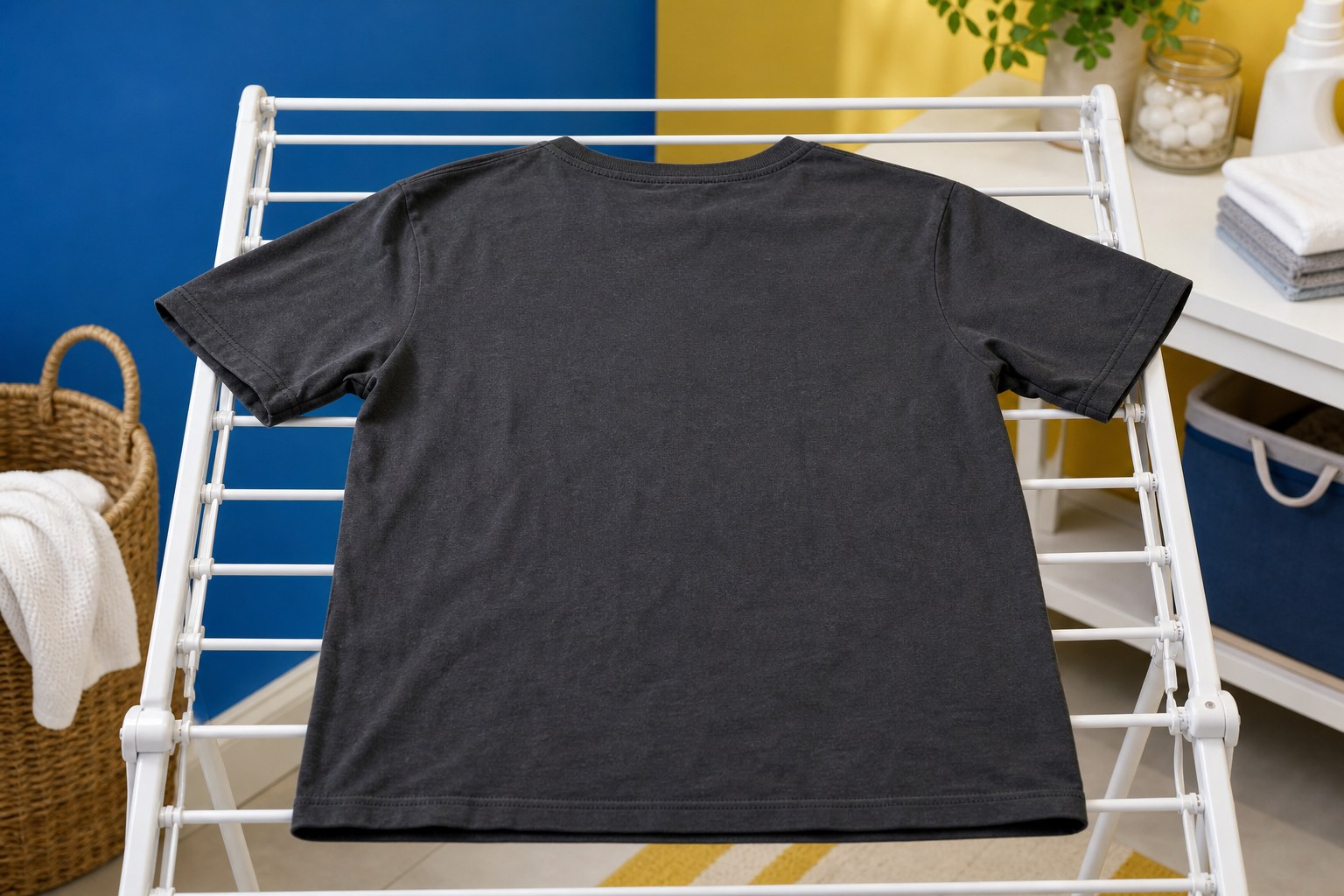 Graphic T-shirt drying inside out on a rack
