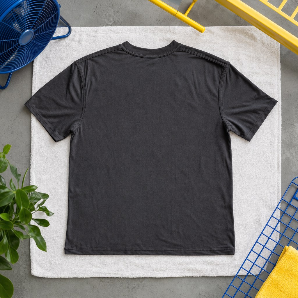 Inside-out charcoal T-shirt smoothed flat on a clean towel to dry